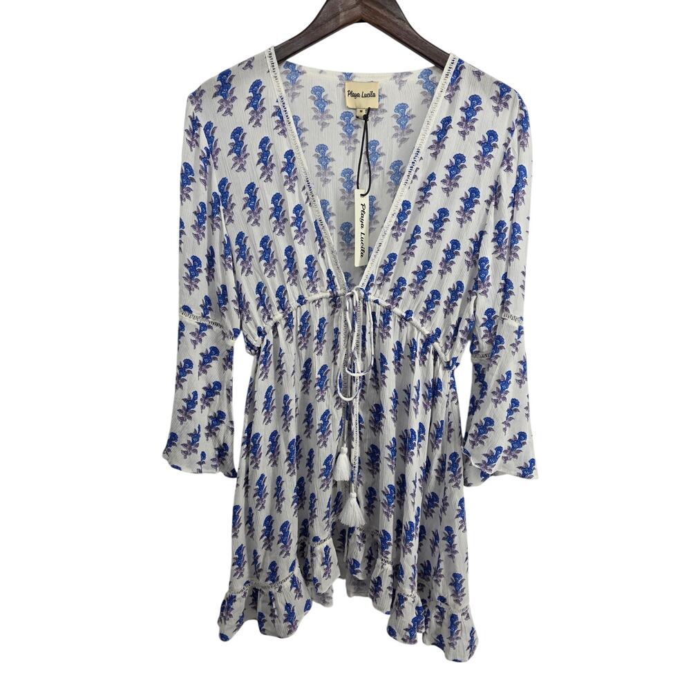 NWT Playa Lucila Mini Border Print Kimono Coverup Dress Size Medium